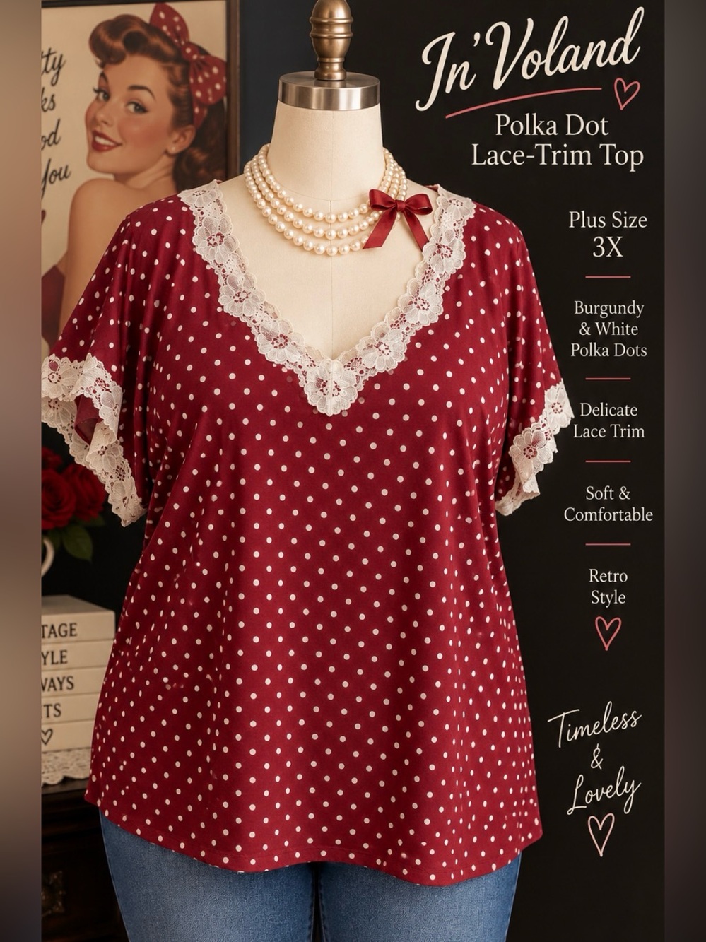In’Voland- Burgundy Polka Dot Lace-Trim retro style pinup top - 22W